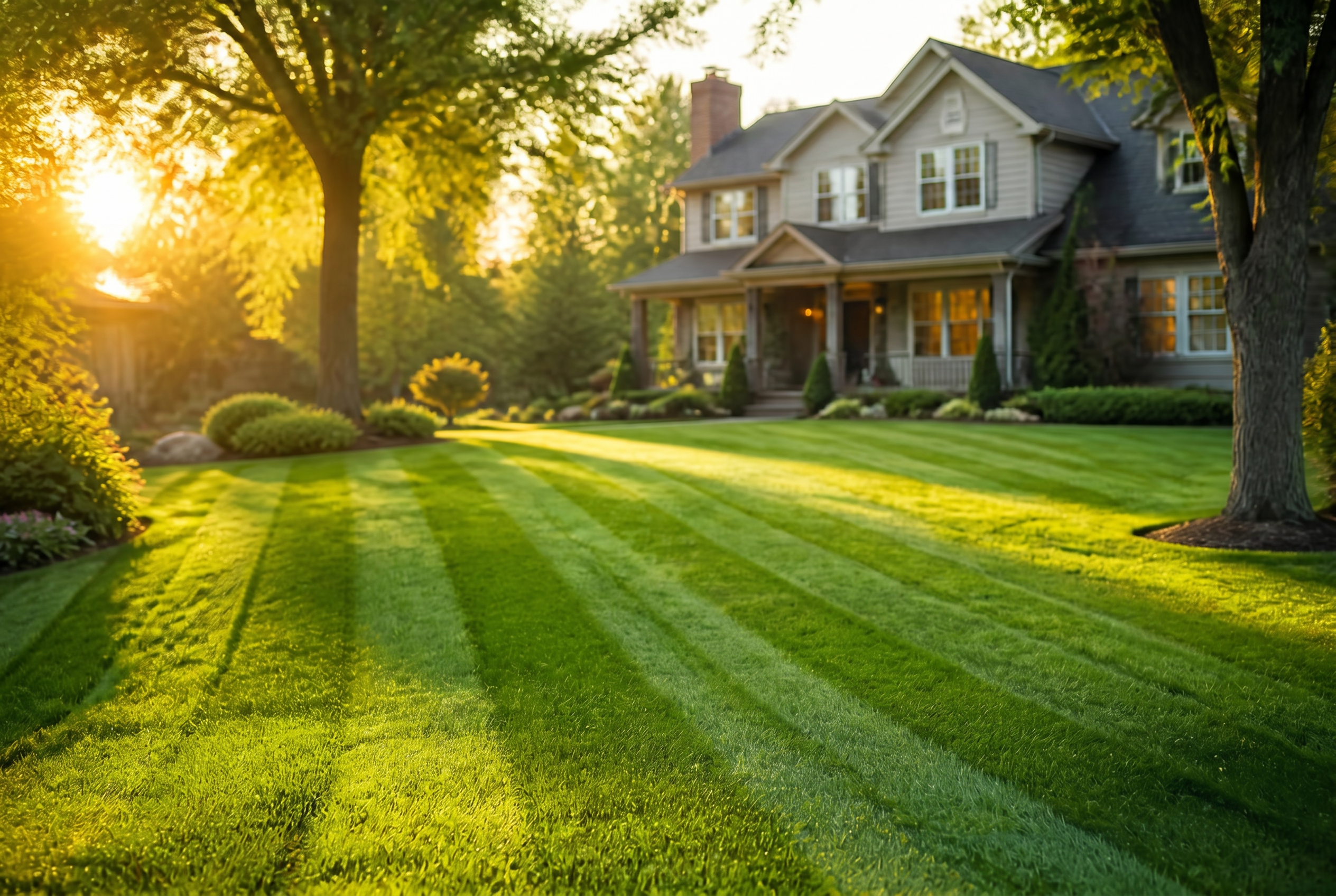 JB Landscaping crew mowing a pristine striped green lawn in front of a Scarborough home